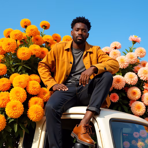Man Sitting on Car with Vibrant Flowers