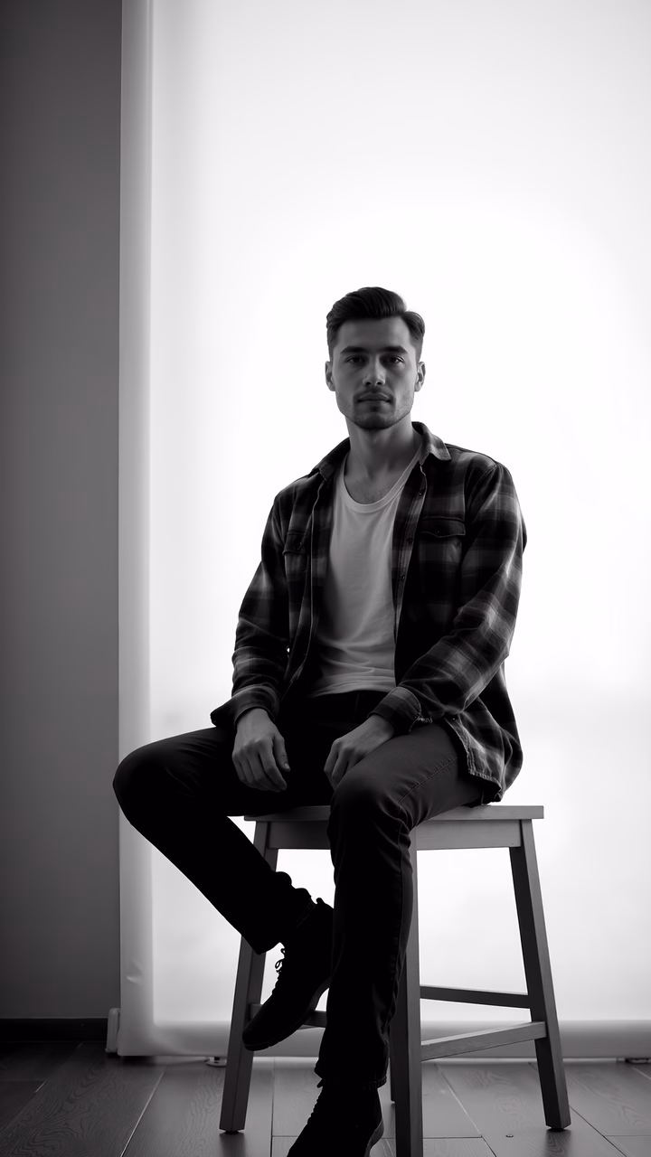 Casual black-and-white portrait of a man seated on a stool, wearing a plaid shirt and white t-shirt, exuding a relaxed yet thoughtful vibe.
