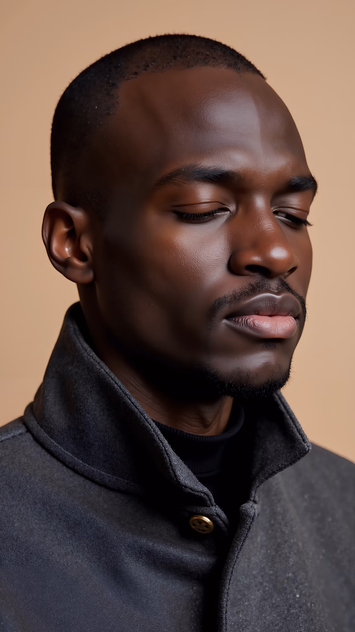 Close-up portrait of a man with closed eyes, exuding calm and introspection.