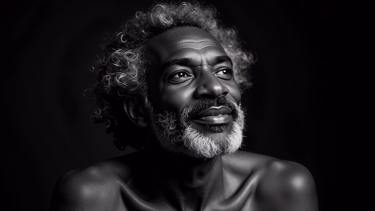 Close-up black-and-white portrait of a man with curly hair, evoking introspection.