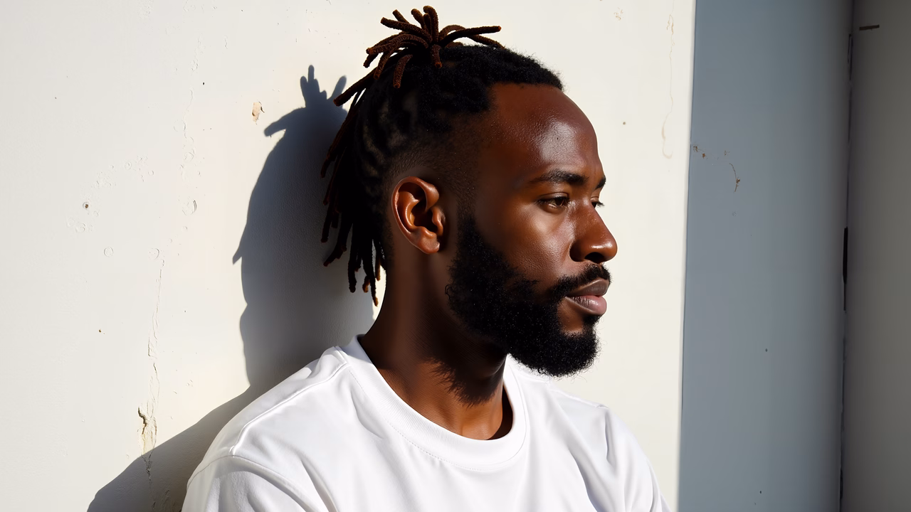 Close-up portrait of a man with dreadlocks, leaning against a textured wall, highlighting his facial features and creating dramatic shadows.
