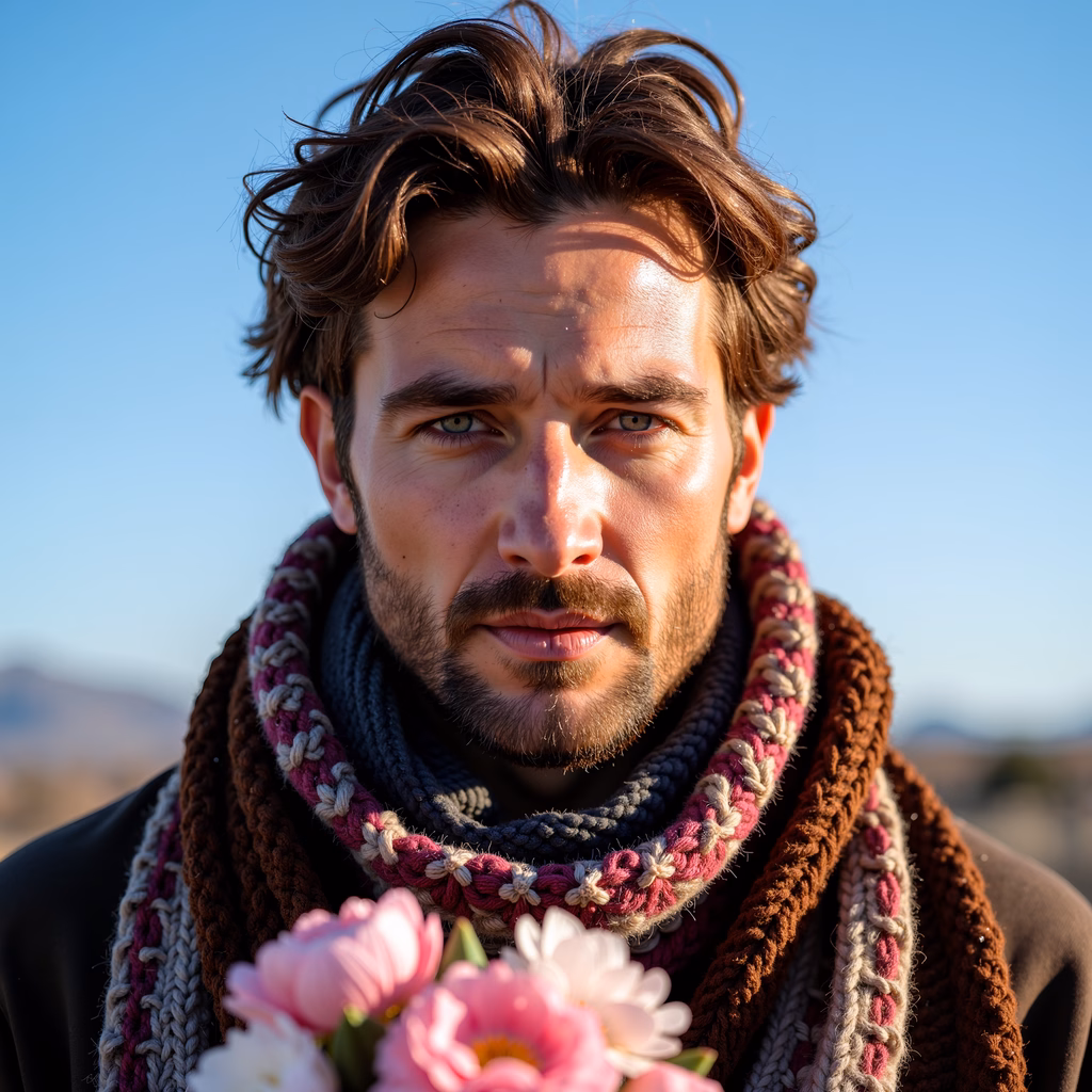 Close-up portrait of a man holding flowers against a clear blue sky.