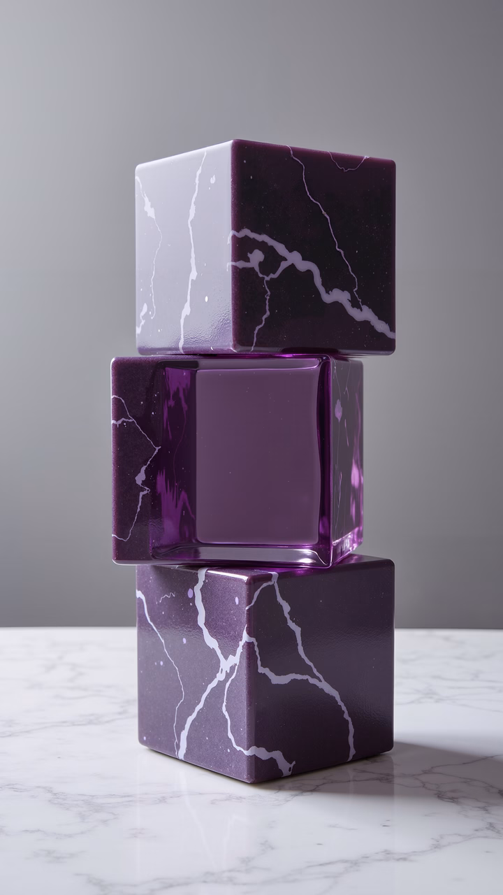 Glossy purple cubes with marble patterns on a white marble surface.