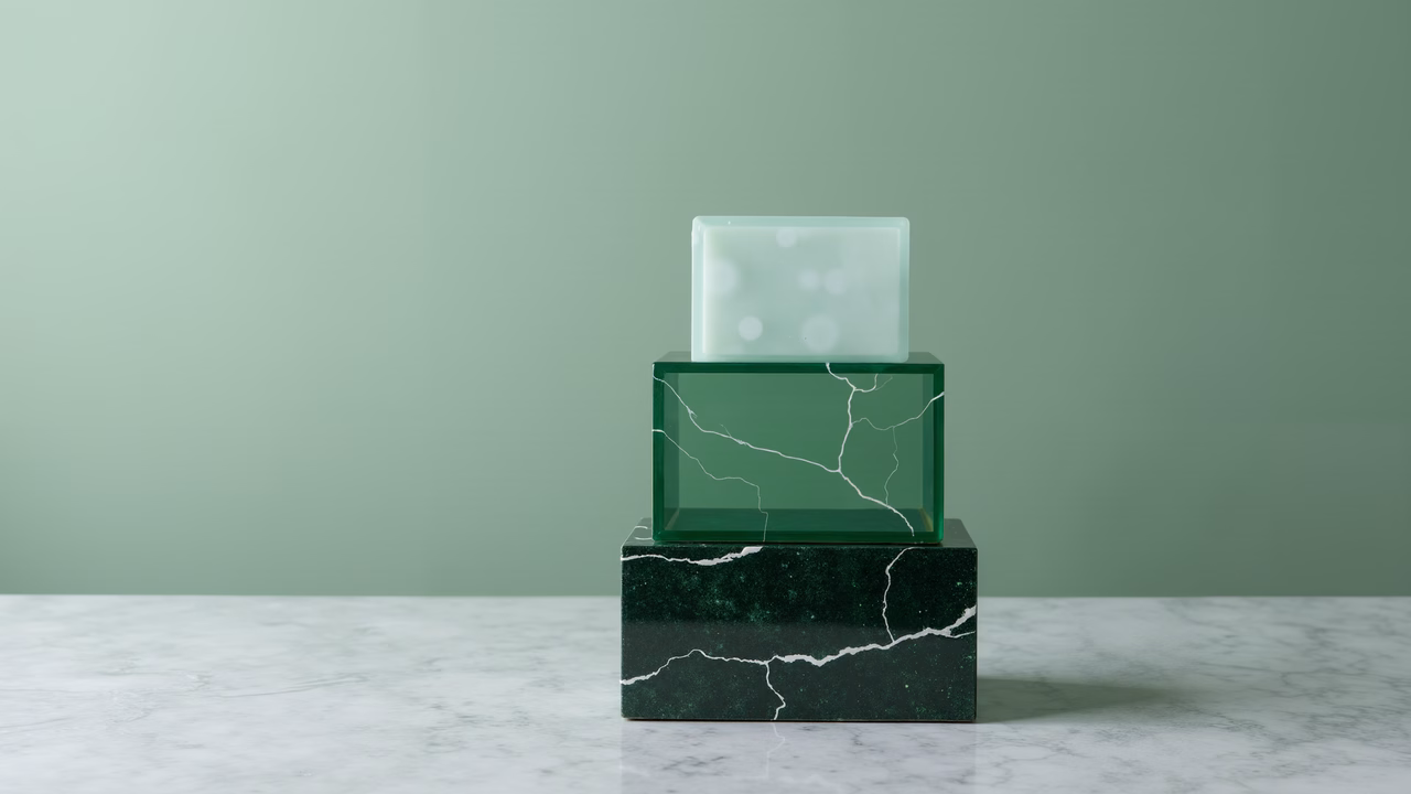 Minimalist soap stand on green marble blocks, modern design, clean lines, elegant simplicity.