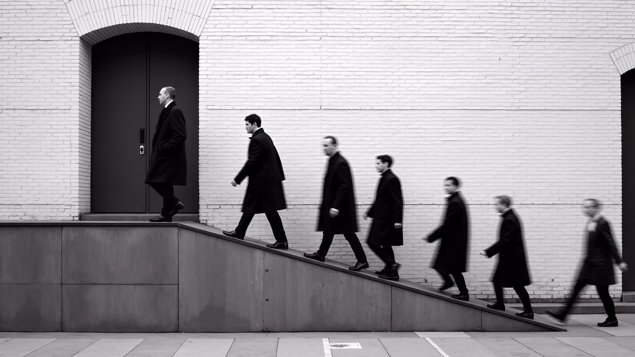 Seven formally dressed men descend a staircase in a striking black-and-white composition.