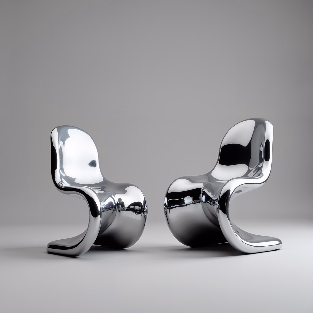 Glossy metallic chairs reflecting light, minimalist design, modern furniture