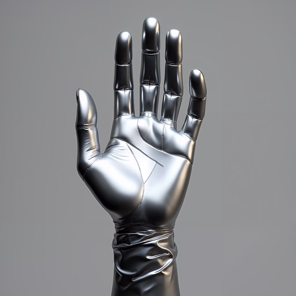 Glossy metallic hand illustration with detailed textures and reflections.