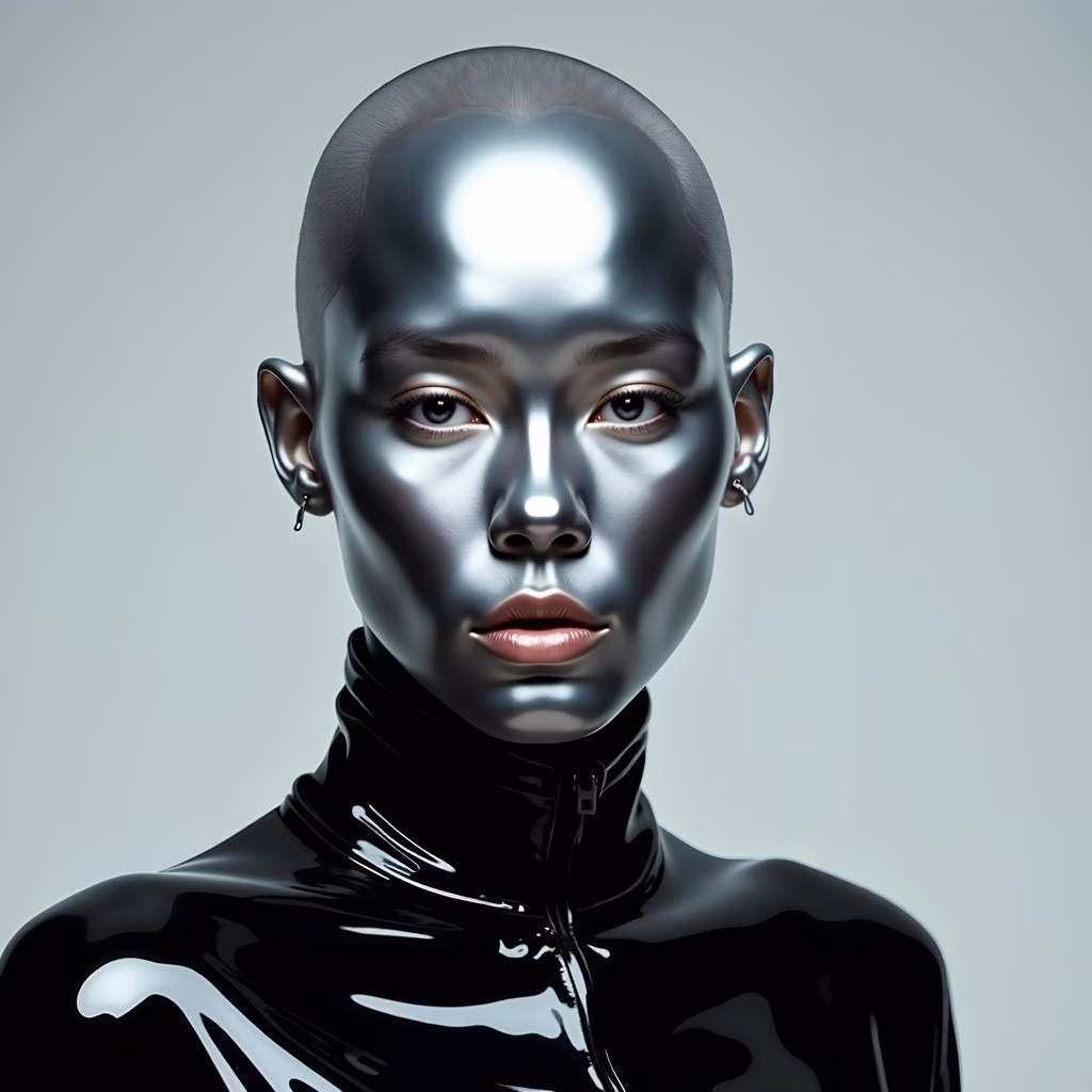 Metallic portrait with glossy black attire, futuristic and surreal