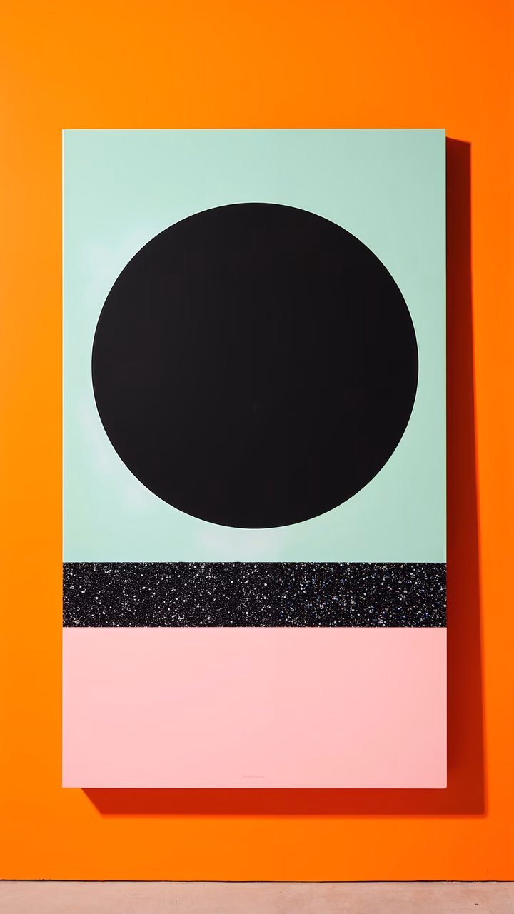 Minimalist black circle on teal and pink against vibrant orange backdrop
