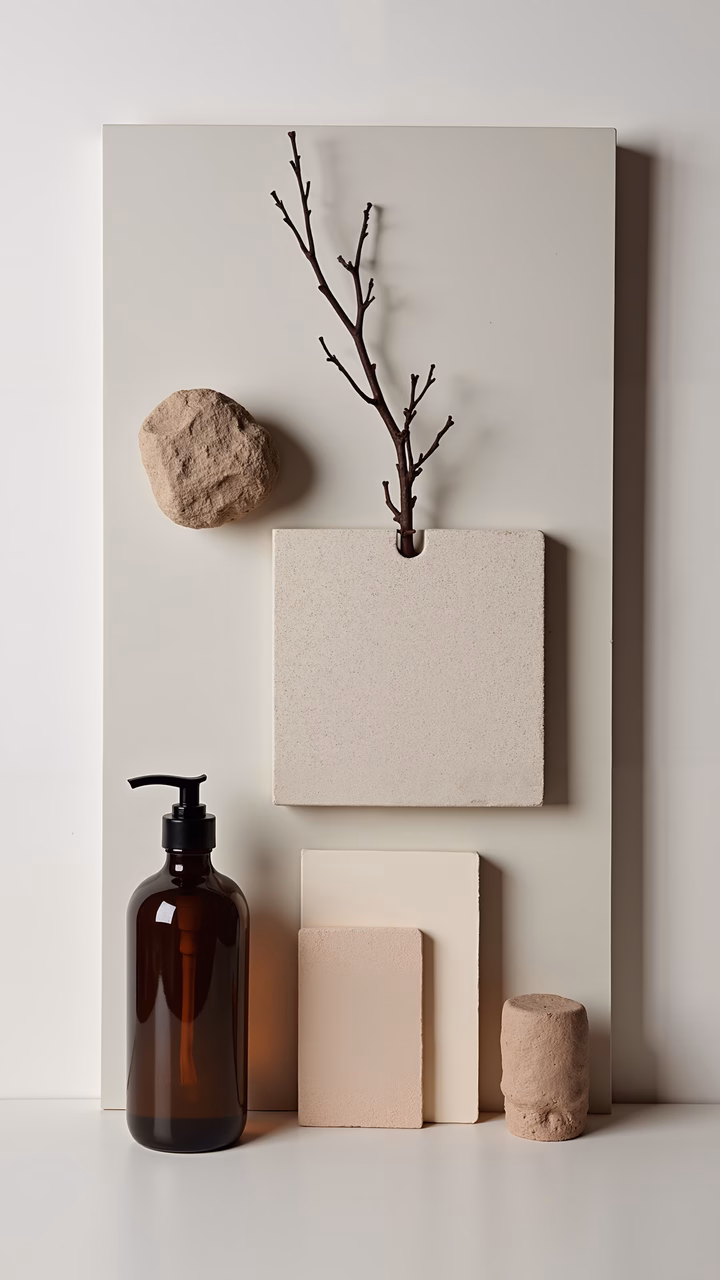 Minimalist arrangement with neutral tones and natural elements.