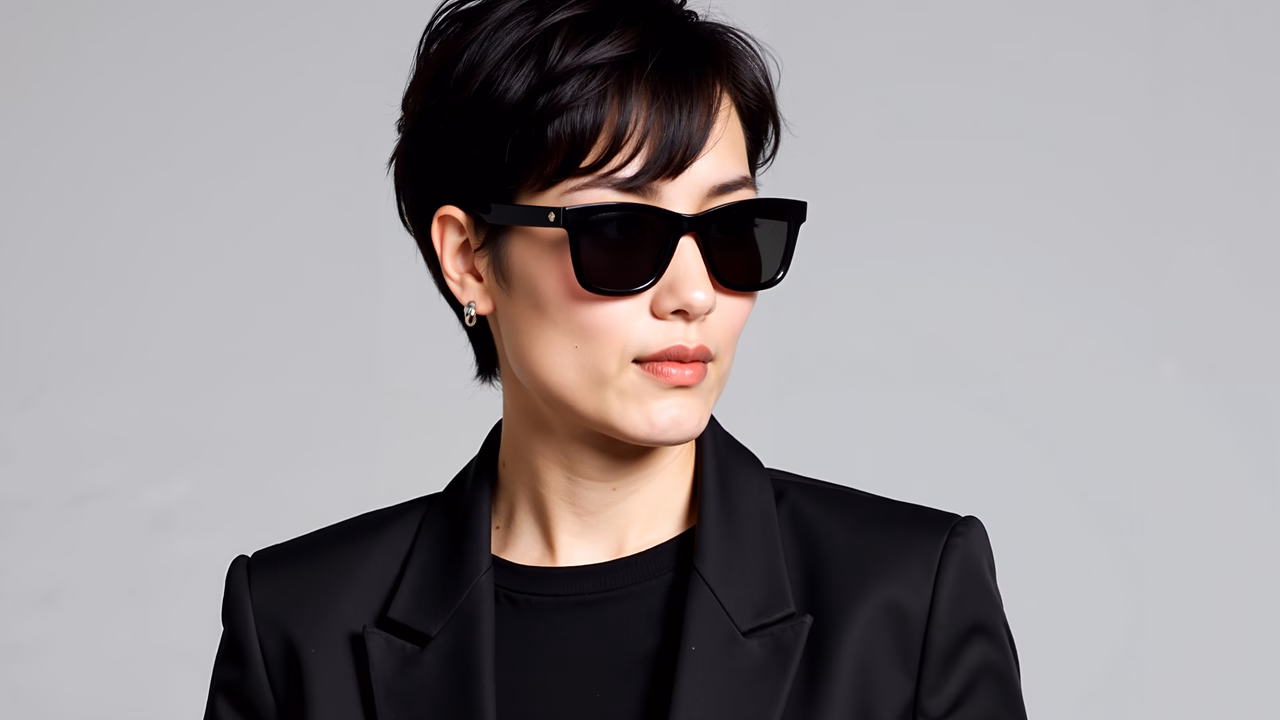 Minimalist fashion portrait featuring a person in black attire against a neutral background.
