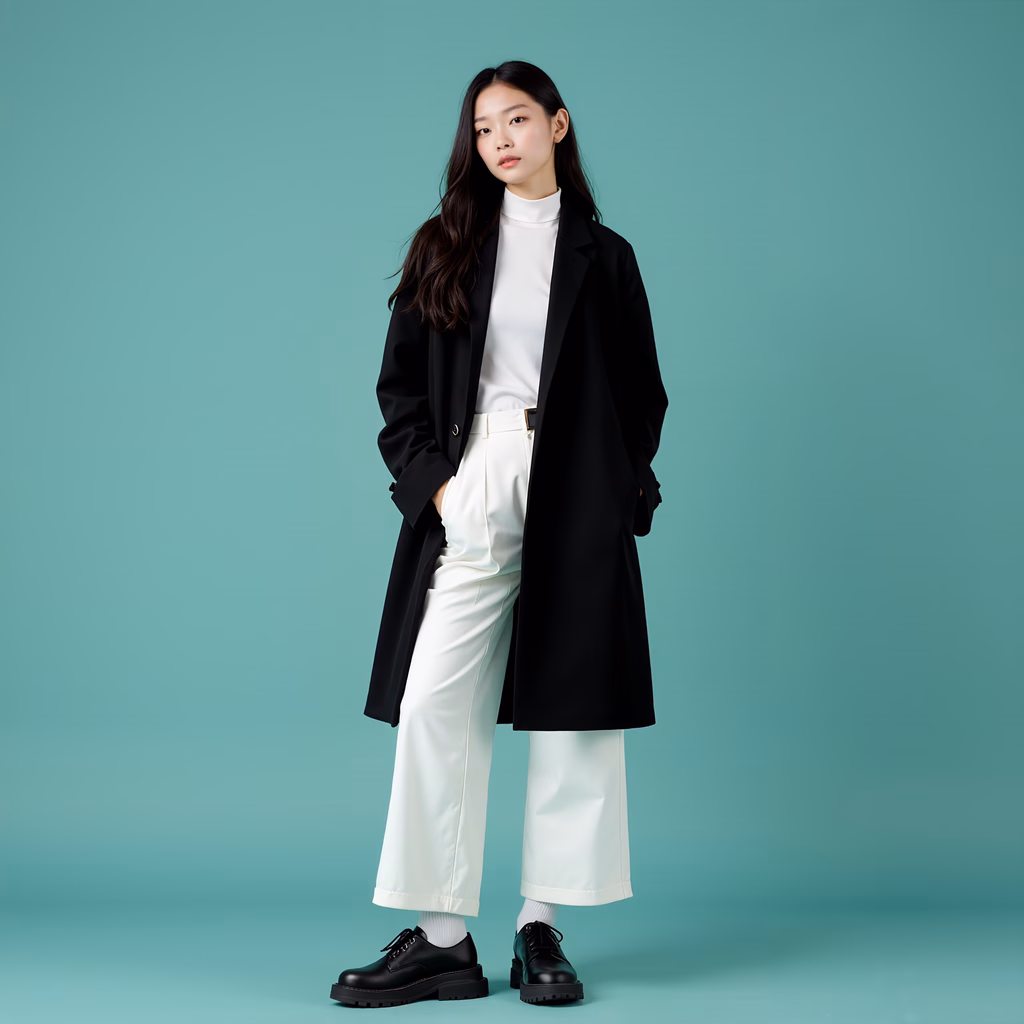 Minimalist fashion portrait with monochrome outfit against teal backdrop.