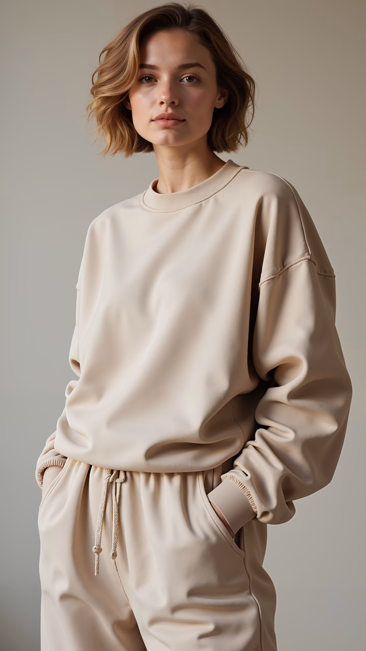 Minimalist fashion portrait with beige clothing on a neutral background.