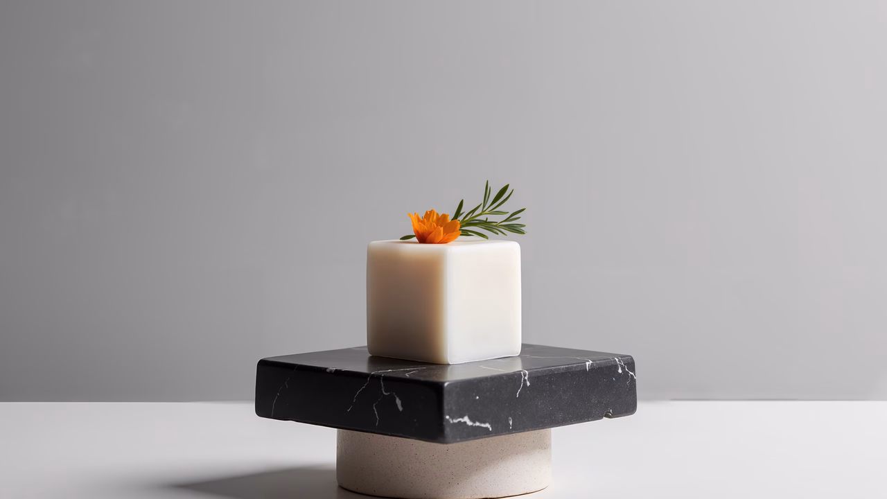 Elegant minimalistic still life with a single orange flower and green leaves on a white cube against a neutral gray backdrop.