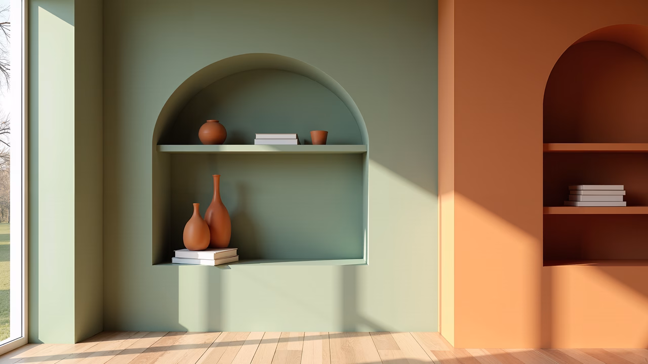 Modern minimalist interior design with muted green and terracotta tones, soft lighting, and a simple shelf arrangement.