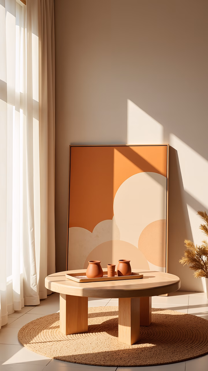 A tranquil minimalist interior with warm earth tones and soft natural light.