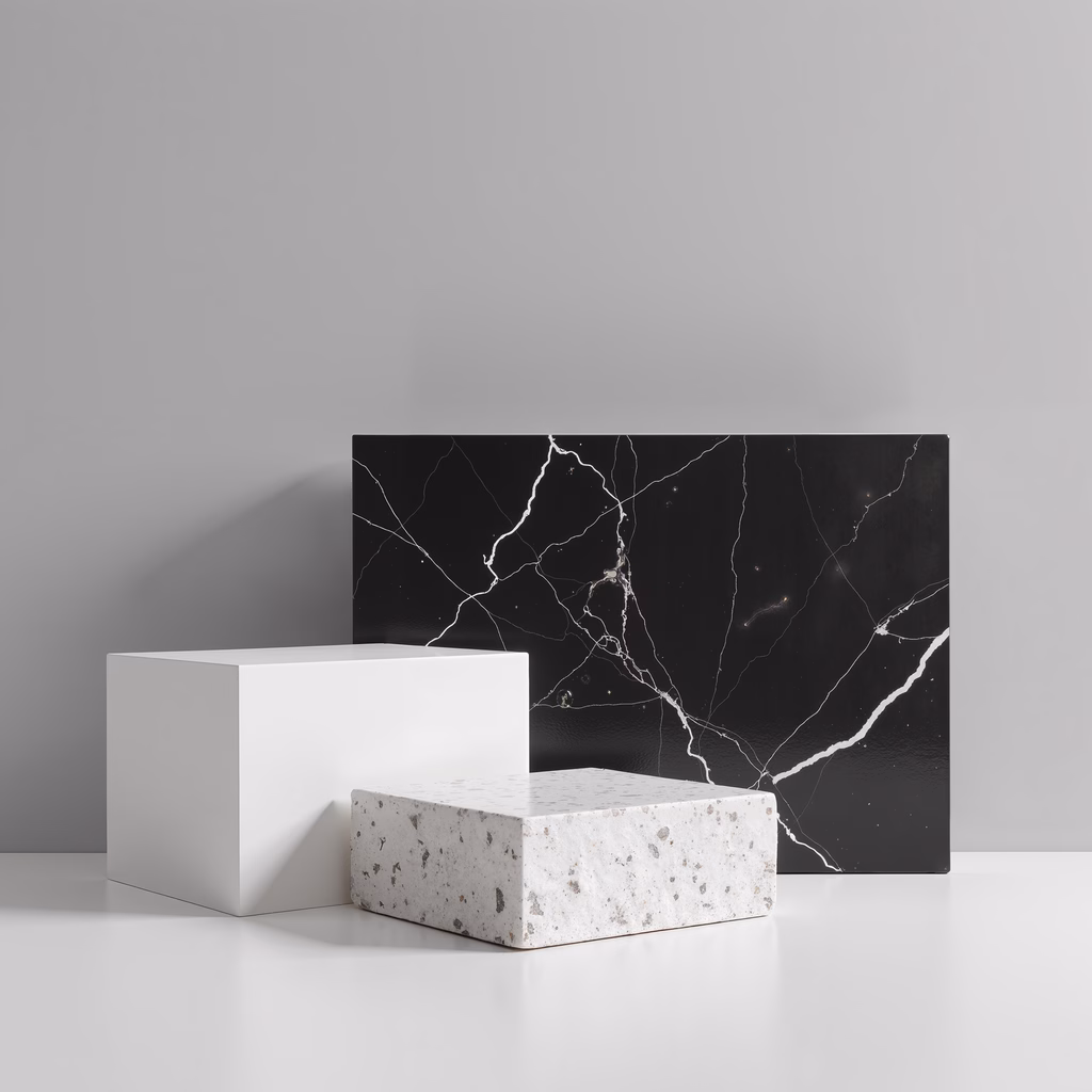 Minimalist geometric blocks against a black marble backdrop, showcasing elegance and simplicity.