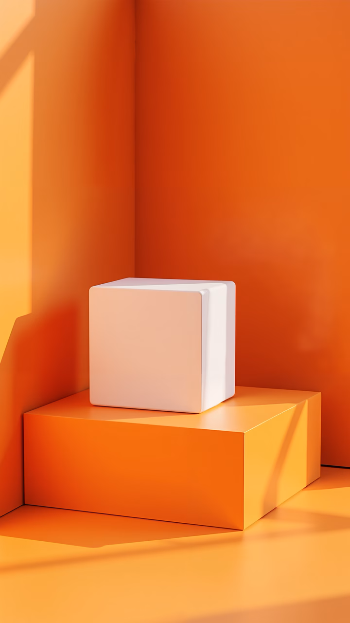 A minimalist white cube on an orange pedestal, illuminated by soft natural light.