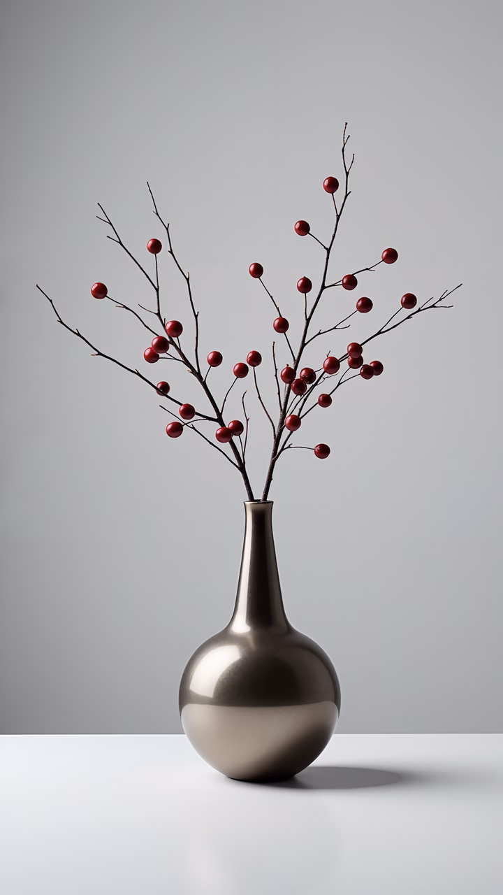 Minimalist still life featuring a metallic vase with berry branches on a gray background.
