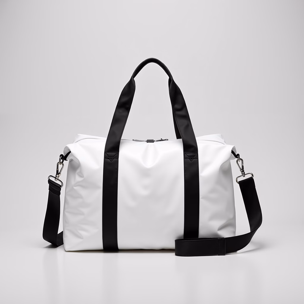 Minimalist white duffel bag with black accents, perfect for everyday use.