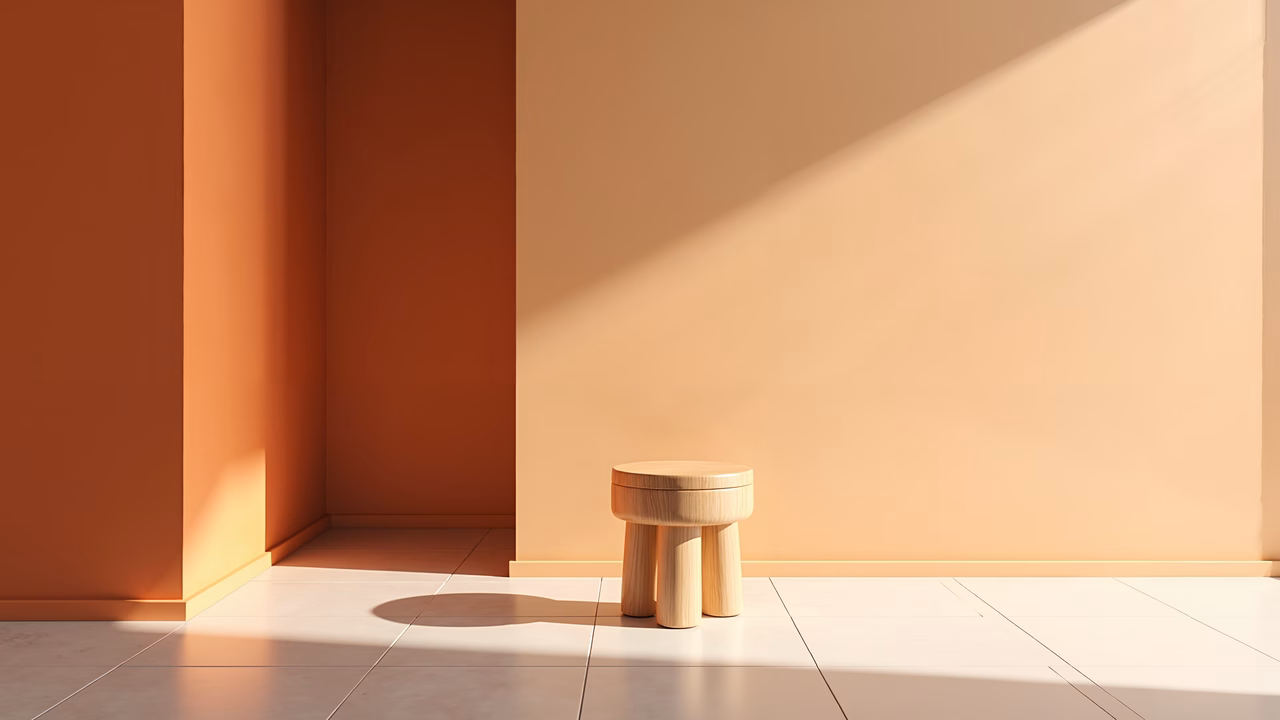 Minimalist wooden stool in a serene, softly lit interior space.