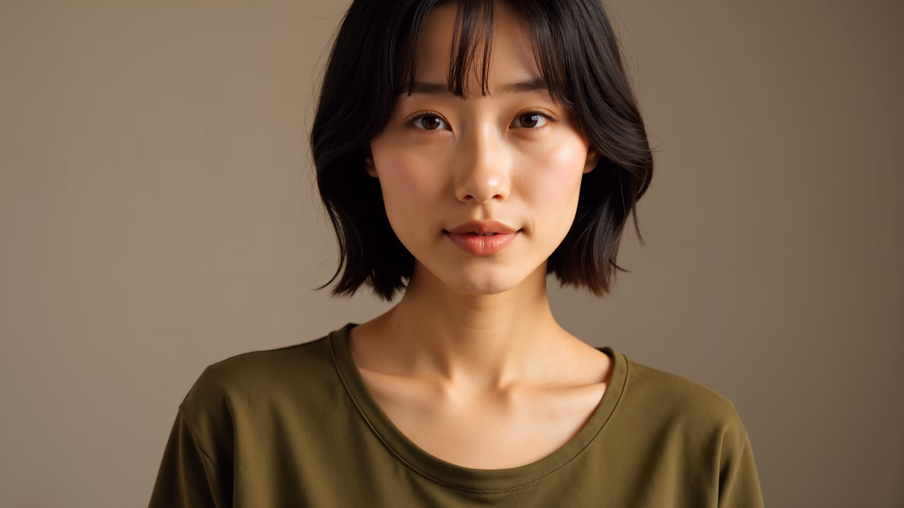 Close-up portrait of a person in olive green shirt, soft lighting, neutral background.
