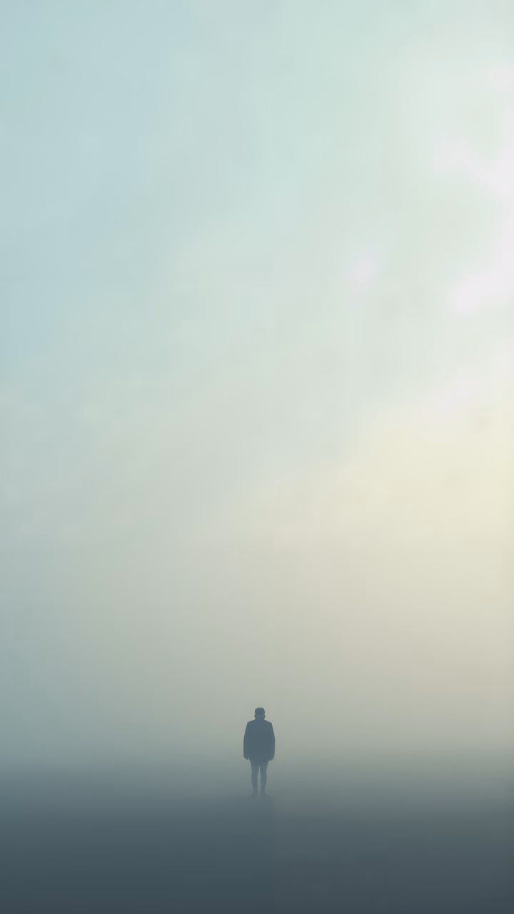 Solitary figure amidst misty landscape, evoking mystery and calmness.