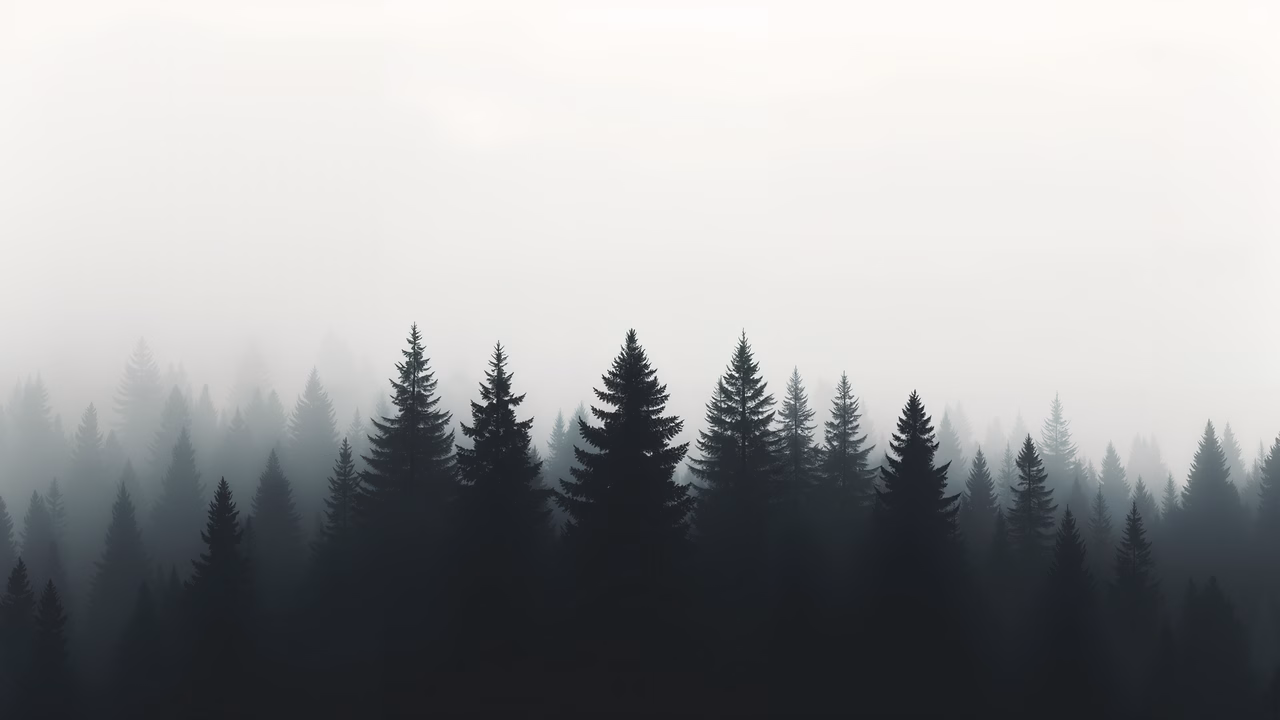 Silhouetted pines in a misty forest, evoking tranquility and mystery.