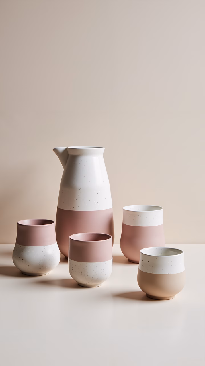 Minimalist ceramic set featuring white and pink tones for modern decor.
