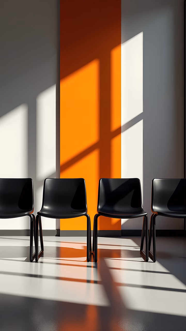 Minimalist black chairs against a white and orange wall, illuminated by natural light.