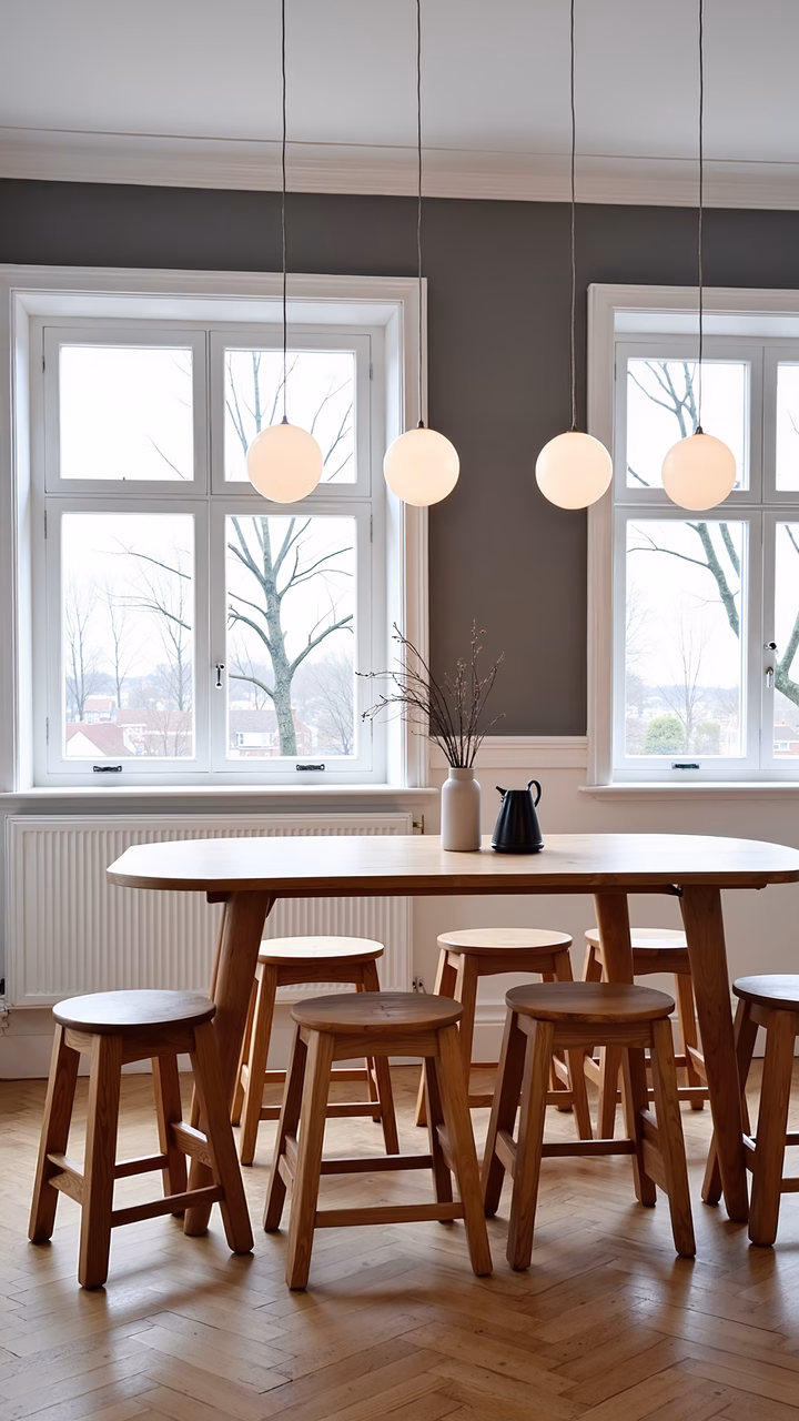 Minimalist modern dining room with wooden furniture and pendant lights.