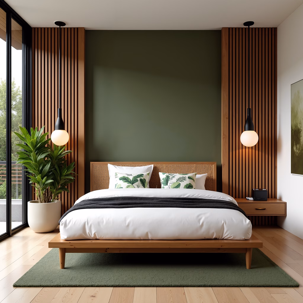 A serene modern bedroom with wooden accents and green tones.