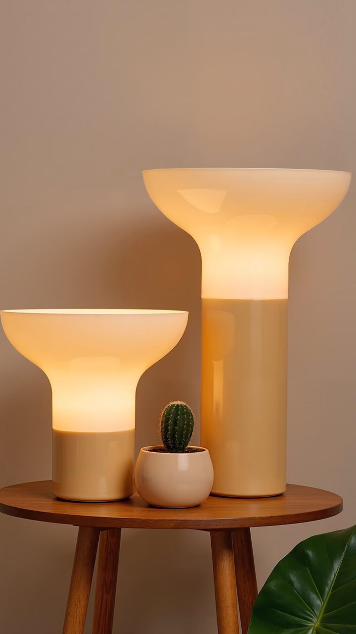 Modern minimalist lamps with warm glow and natural accents