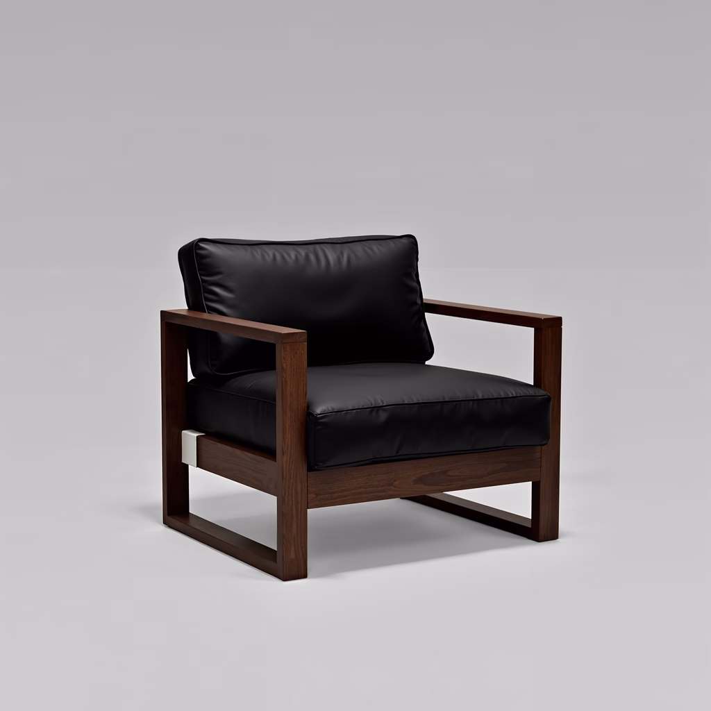 Minimalist modern wooden chair with sleek black leather upholstery, perfect for contemporary interiors.