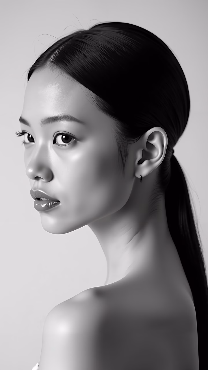 Monochrome portrait of a serene individual, emphasizing texture and light.