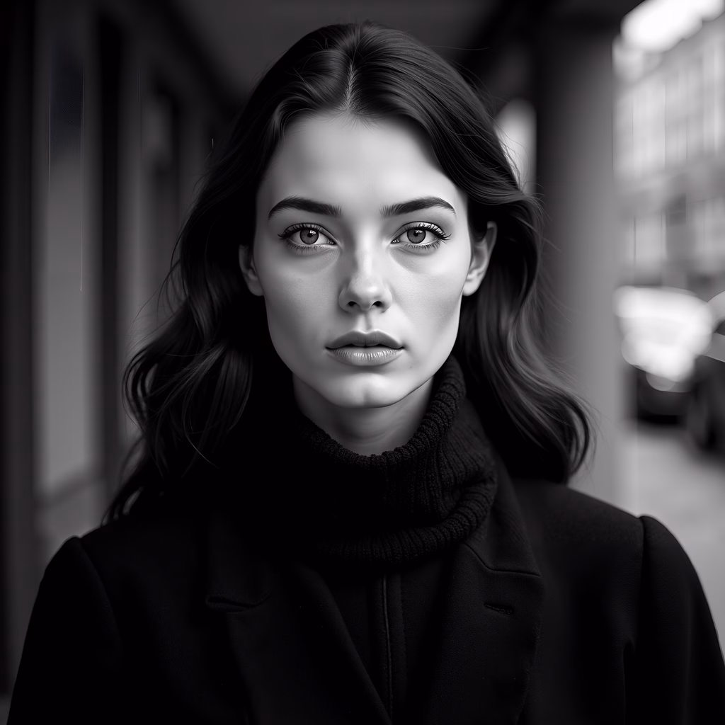 A captivating black-and-white portrait with high contrast and urban depth.