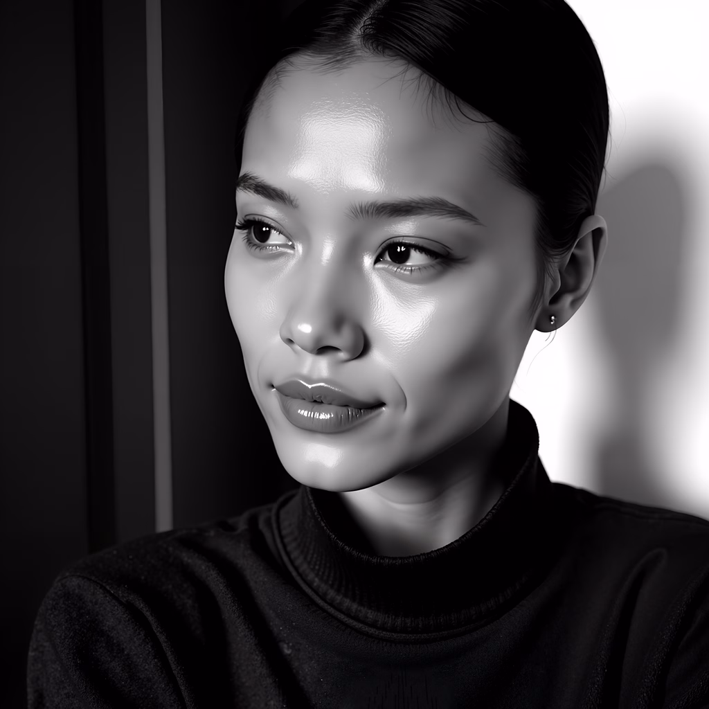 A monochrome portrait capturing a serene moment with high contrast and soft lighting.