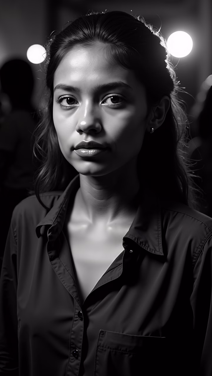 A captivating black-and-white portrait of a young woman with a serene expression.