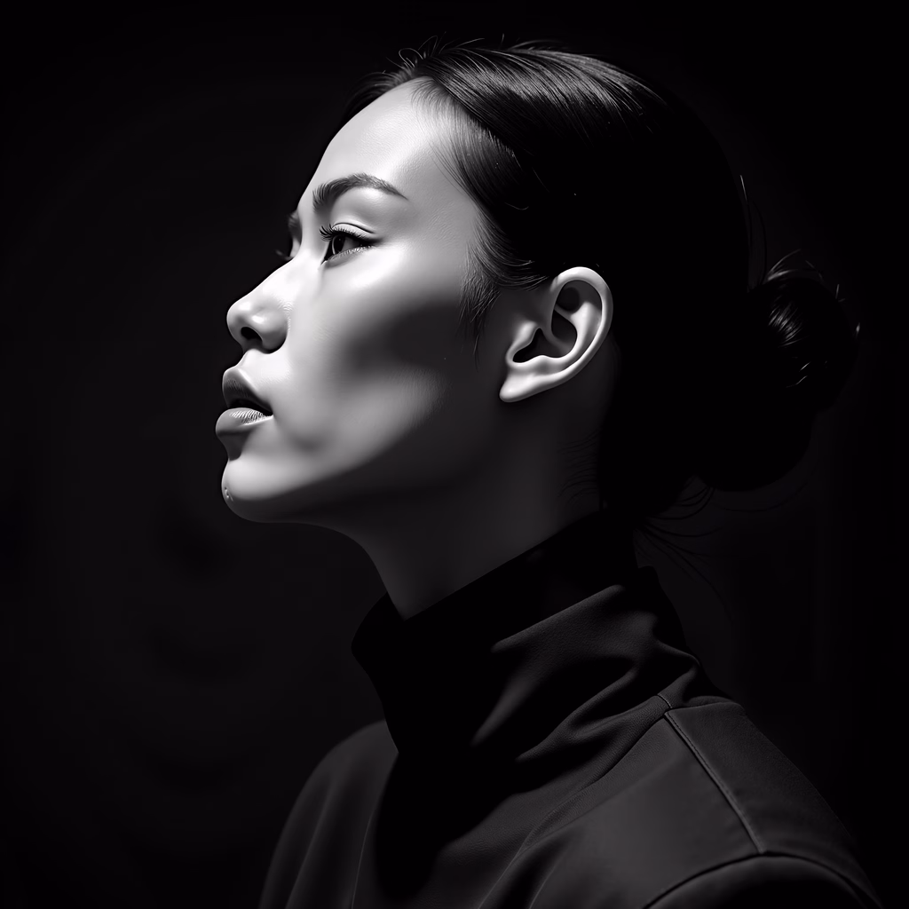 A serene monochrome portrait with soft lighting and a contemplative mood.