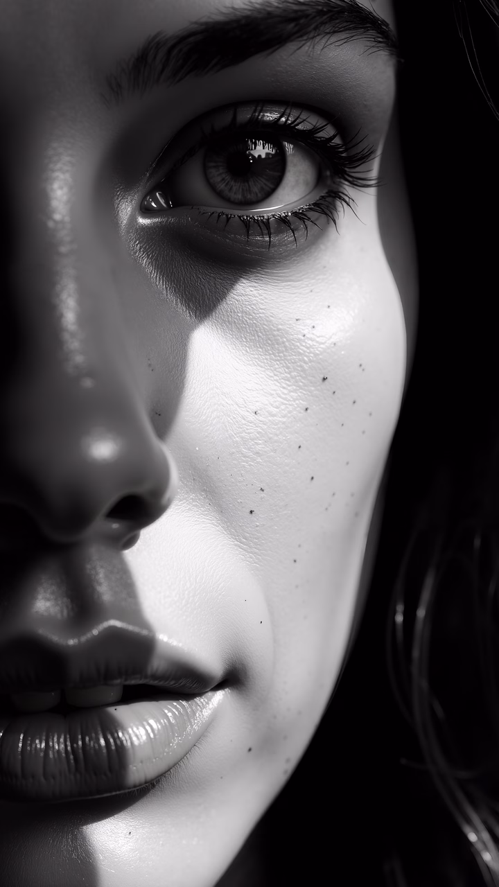 Close-up black-and-white portrait highlighting facial texture and freckles.