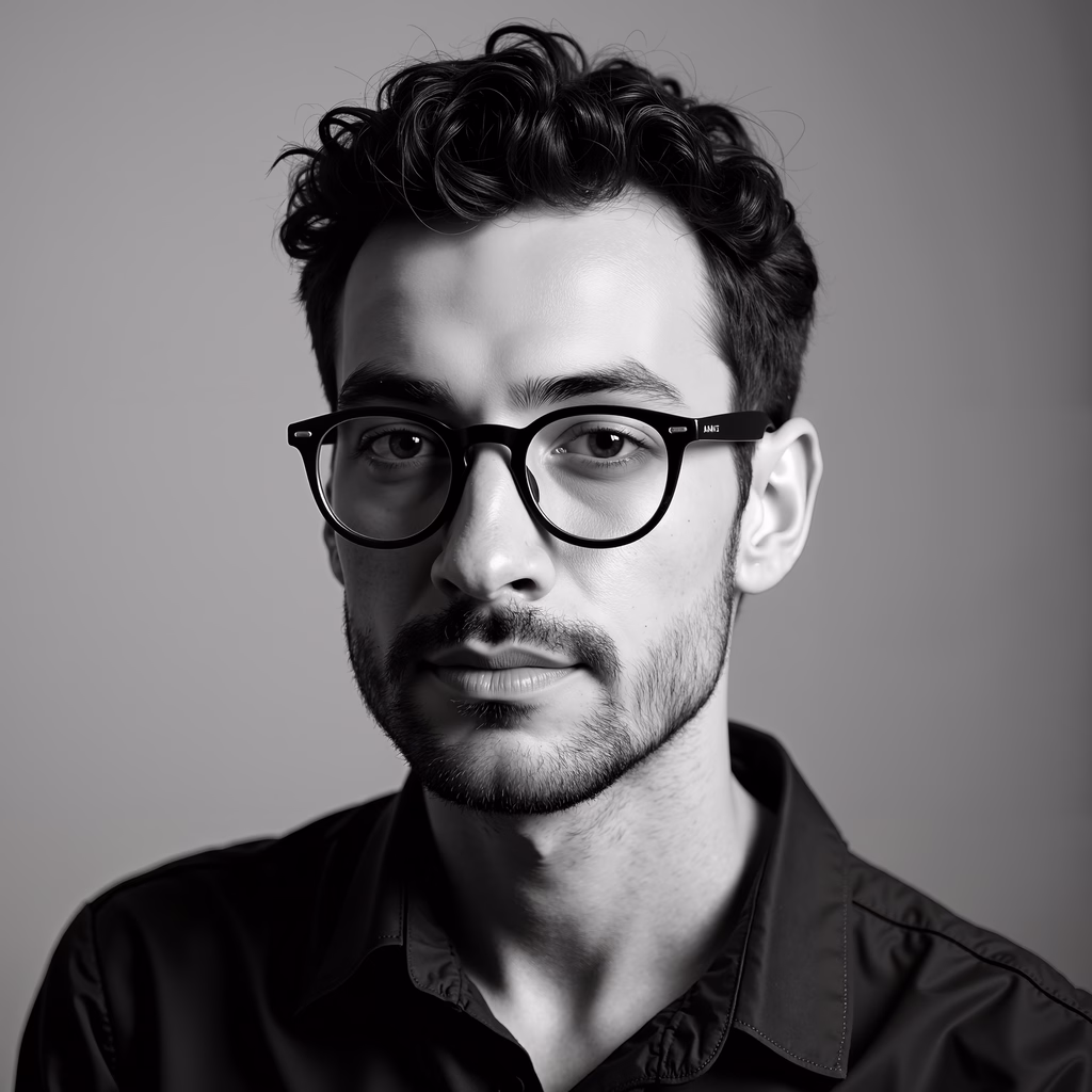 A monochrome portrait of a man with a serious expression, captured in soft lighting.