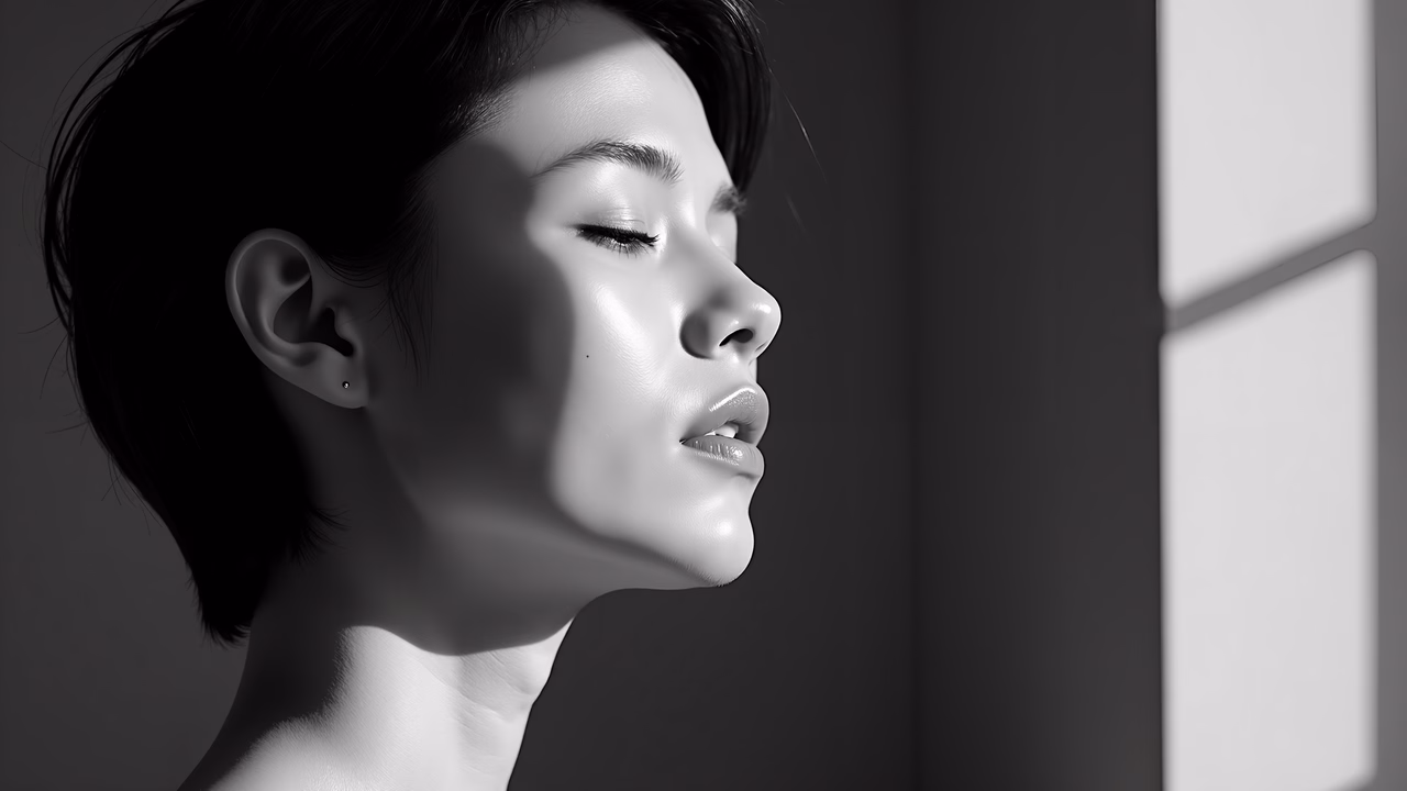 Black-and-white portrait of a serene individual, capturing introspection through soft lighting and contrast.