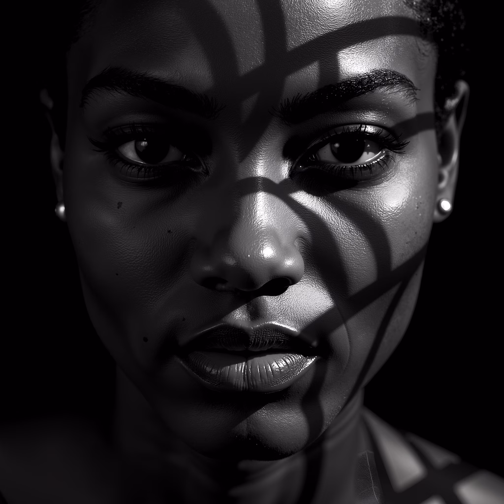 High-contrast black-and-white portrait with dramatic shadows and textures.
