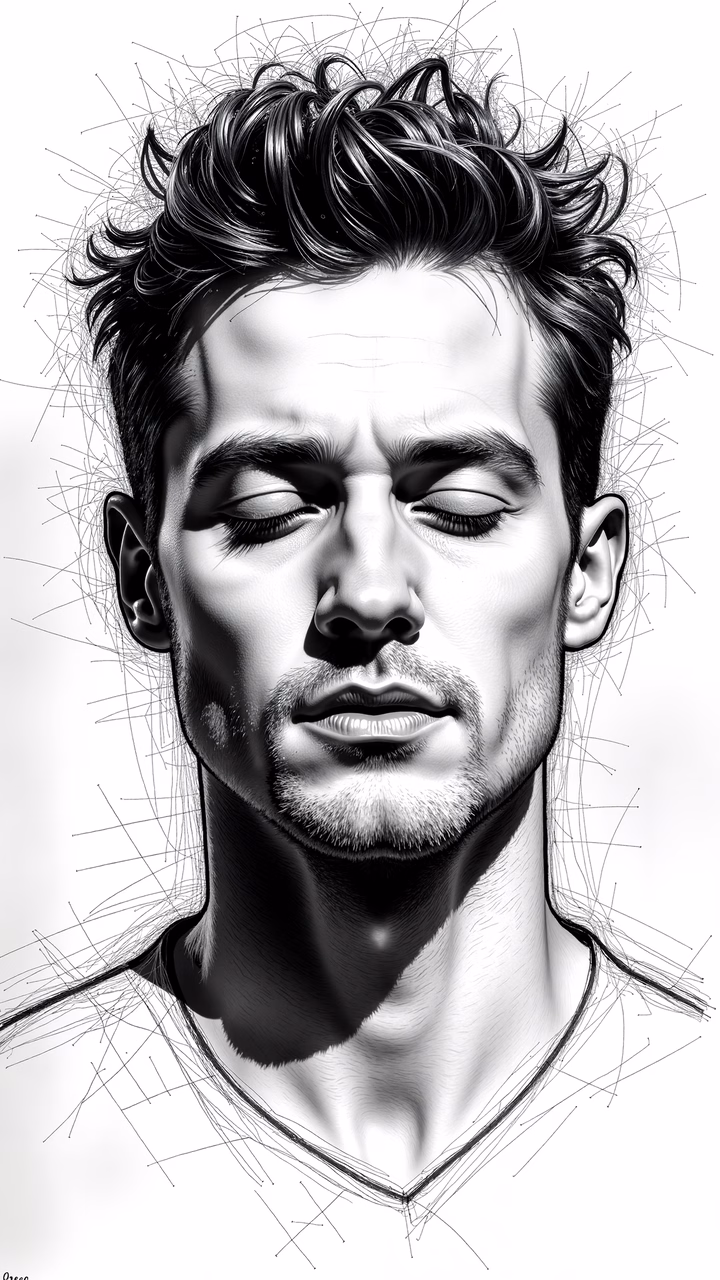 Detailed monochrome sketch of a serene portrait.