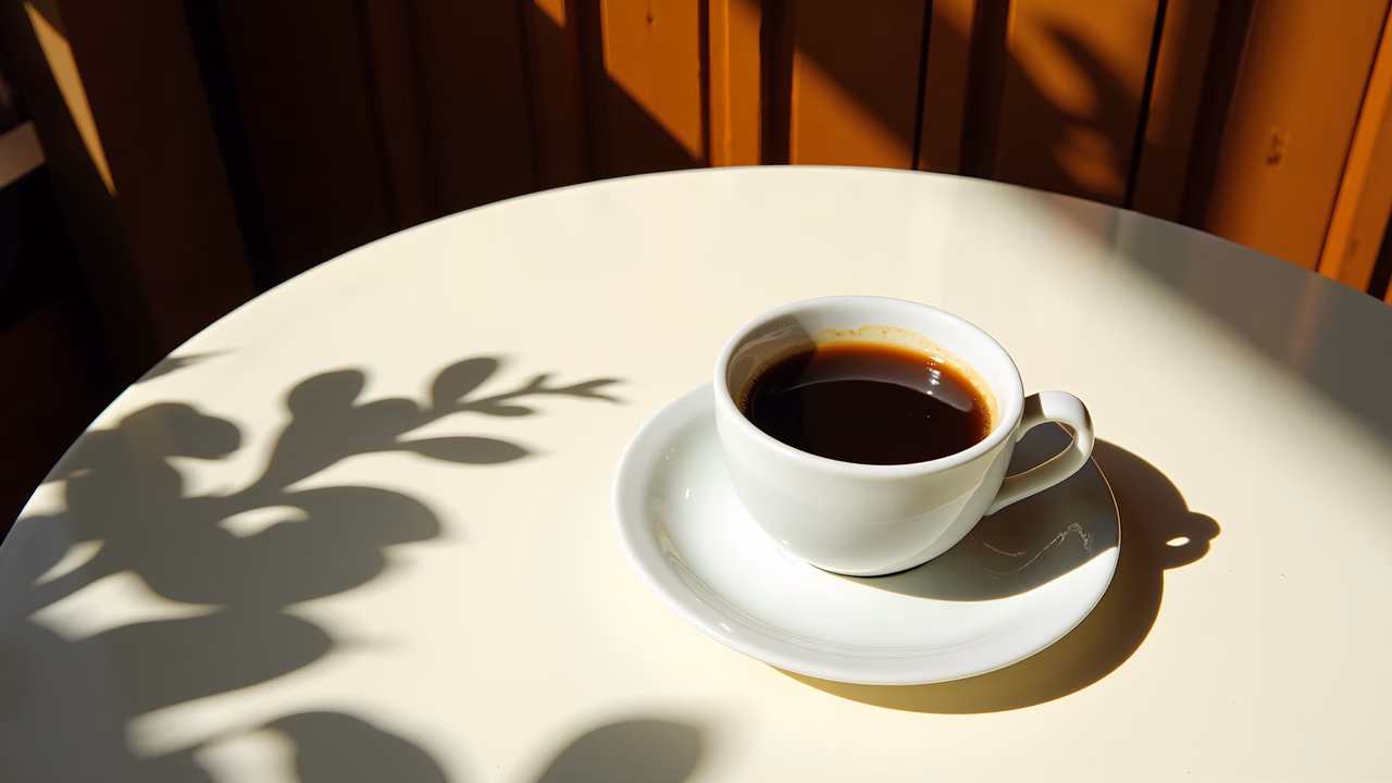 Steaming coffee cup on a sunny morning table, casting leaf shadows.