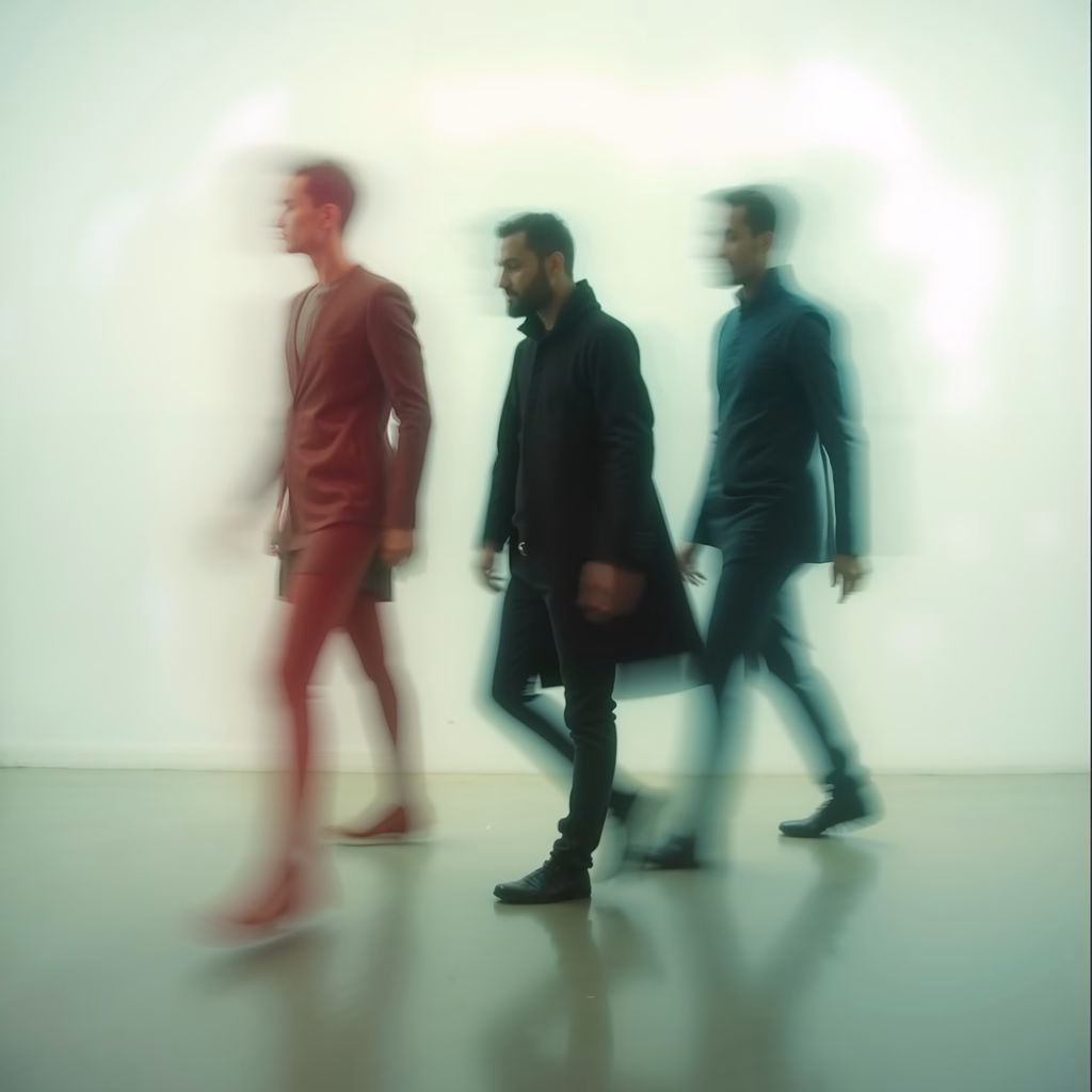 Motion blur portraits of three individuals in distinct colored outfits against a pale background.