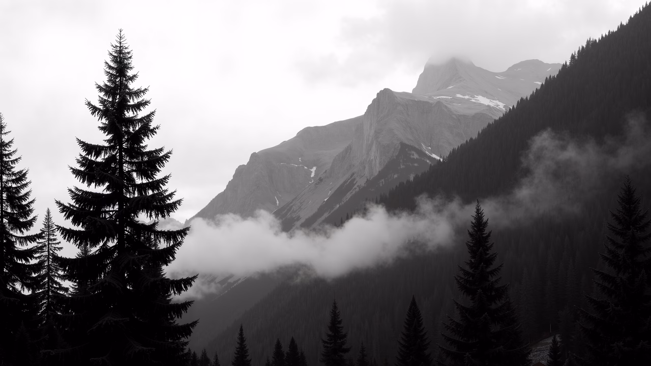 Black-and-white mountain landscape with evergreen trees and misty peaks.