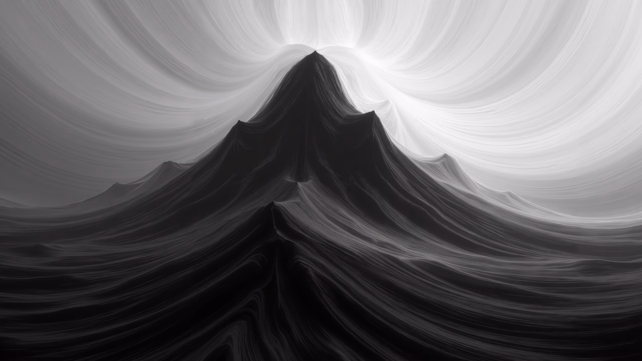 Monochrome mountain peak illustration, swirling light and shadow, artistic landscape