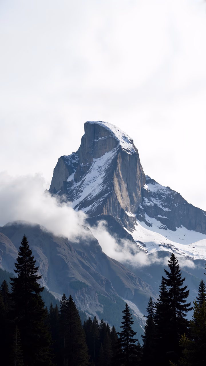 A serene mountain landscape with snow-capped peaks and evergreen trees.