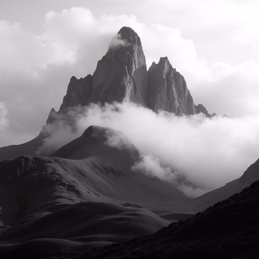 Rugged mountain peak in black and white, surrounded by clouds, evoking awe and tranquility.